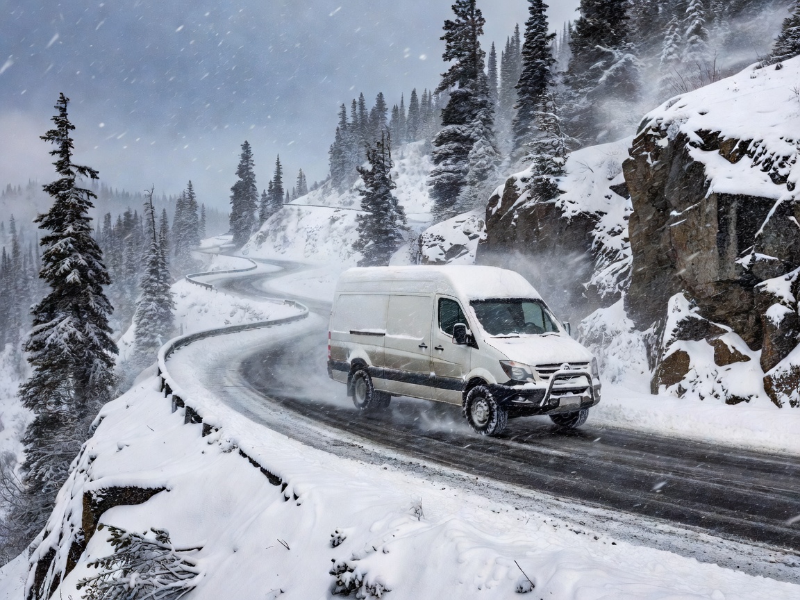 All-wheel drive commercial delivery vehicle navigating snowy mountain switchbacks