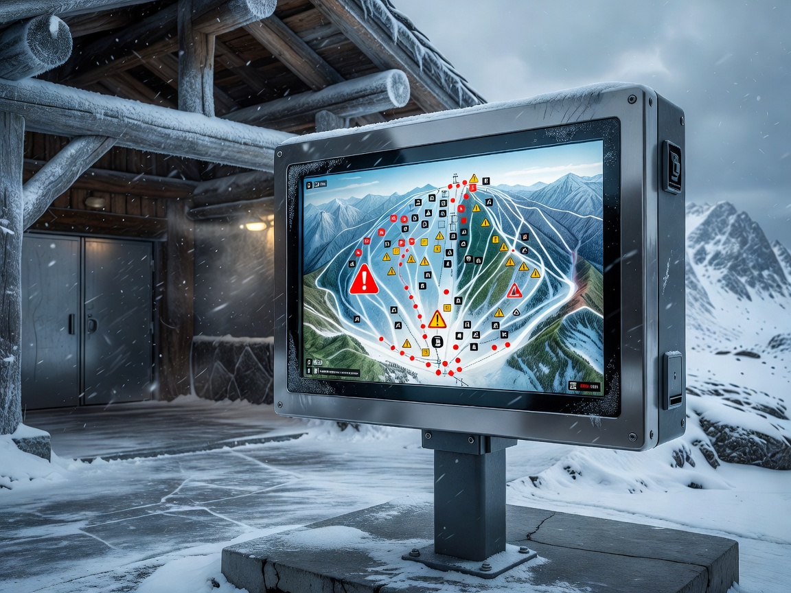 Digital trail and lift status monitor showing live weather warnings at mountain station entrance