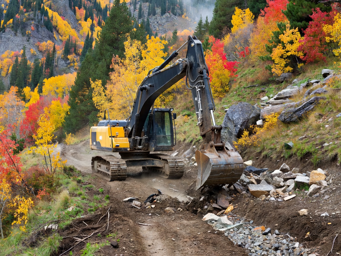 Excavator smoothing ski trail drainage ditch and clearing alpine rocks on autumn mountain