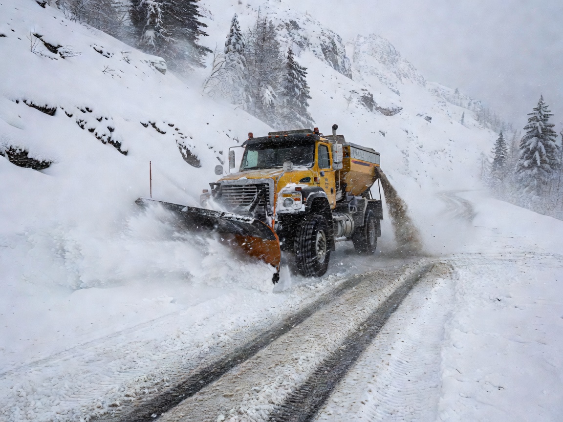 Heavy duty all-wheel drive salt and plow truck clearing fresh snow on mountain road