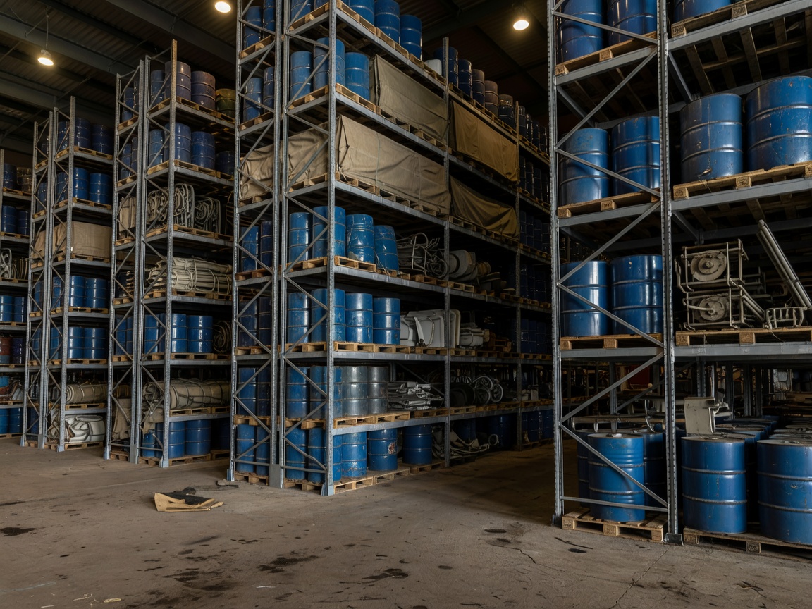 High altitude warehouse pallet racks stacked with reserve hydraulic oil barrels and spare resort components