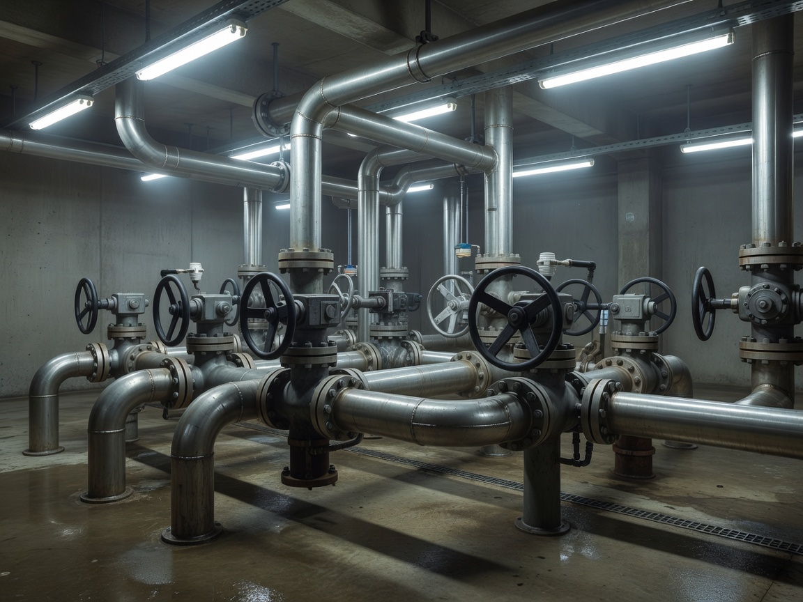 High pressure water pump station manifold and compressor valves inside resort reservoir station
