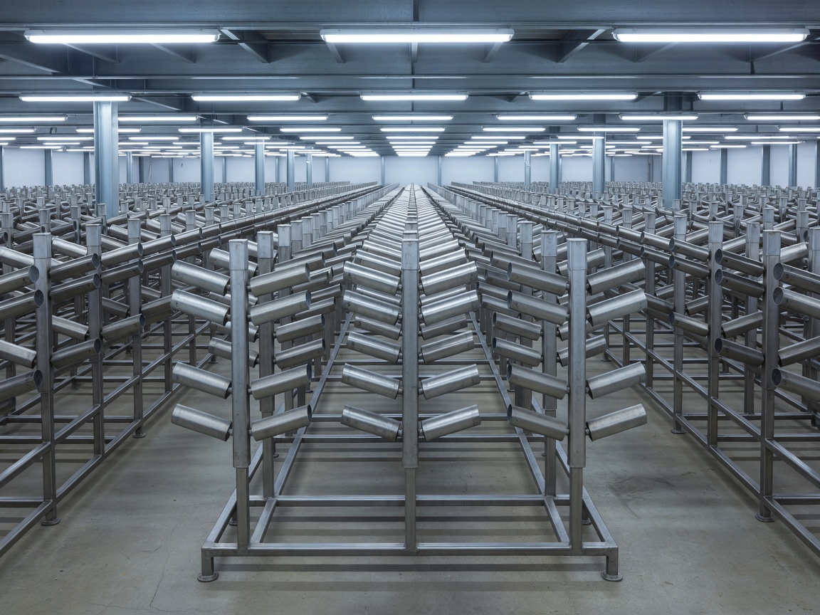 Industrial heated ski boot dryers arranged in parallel stainless steel rows