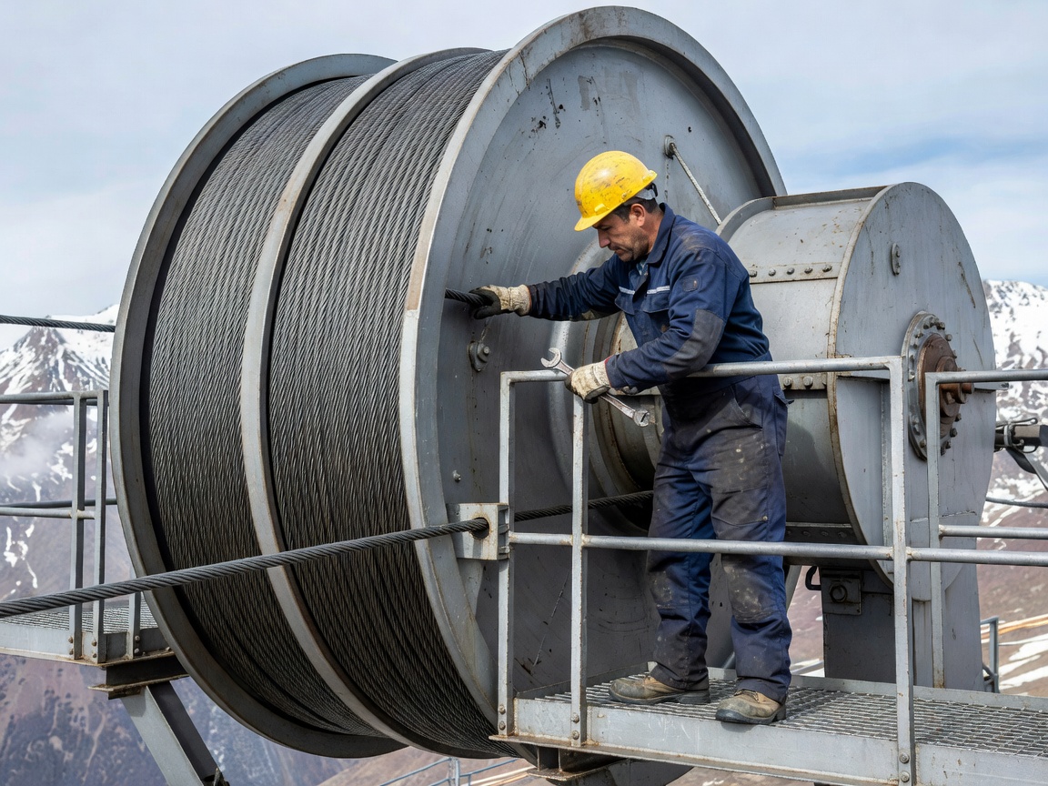 Industrial mechanic checking a high-altitude cableway bullwheel assembly