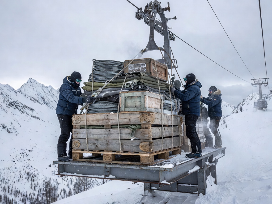 Material cargo pallet being secured onto an alpine material ropeway carriage