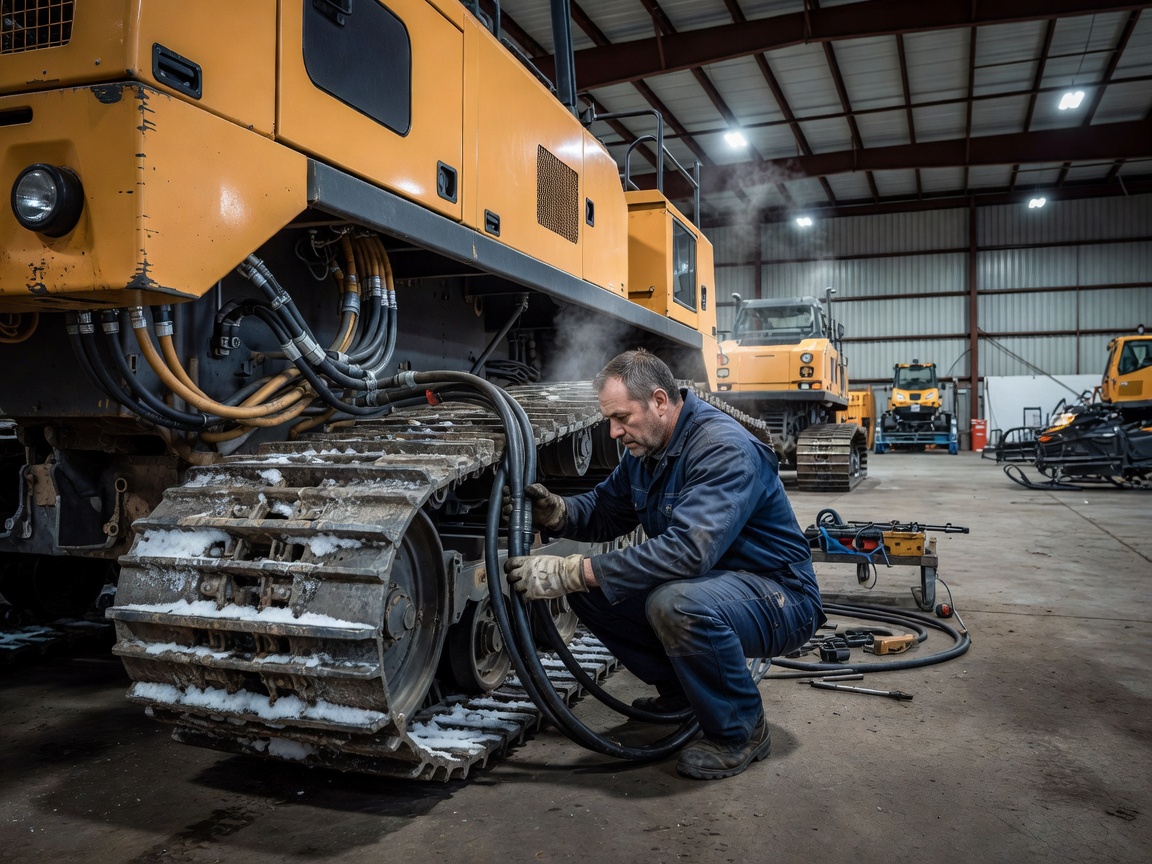 Mechanic in resort vehicle depot checking hydraulic hoses on heavy snowcat track machine