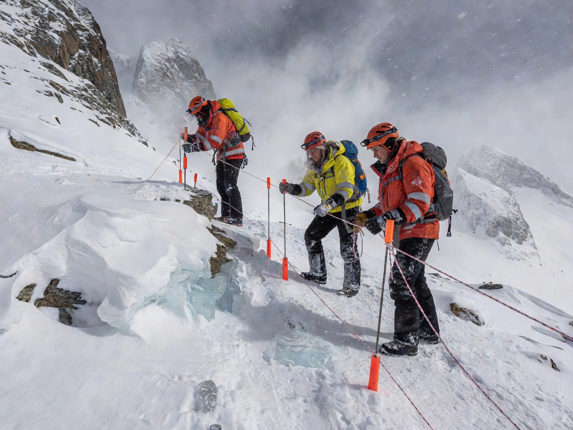 Mountain safety team mounting high-visibility trail safety markers and avalanche warning ropes