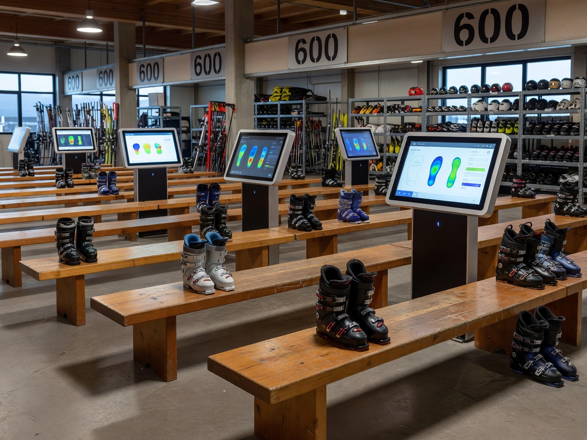 Organised ski depot boot fitting benches with digital scanner kiosks
