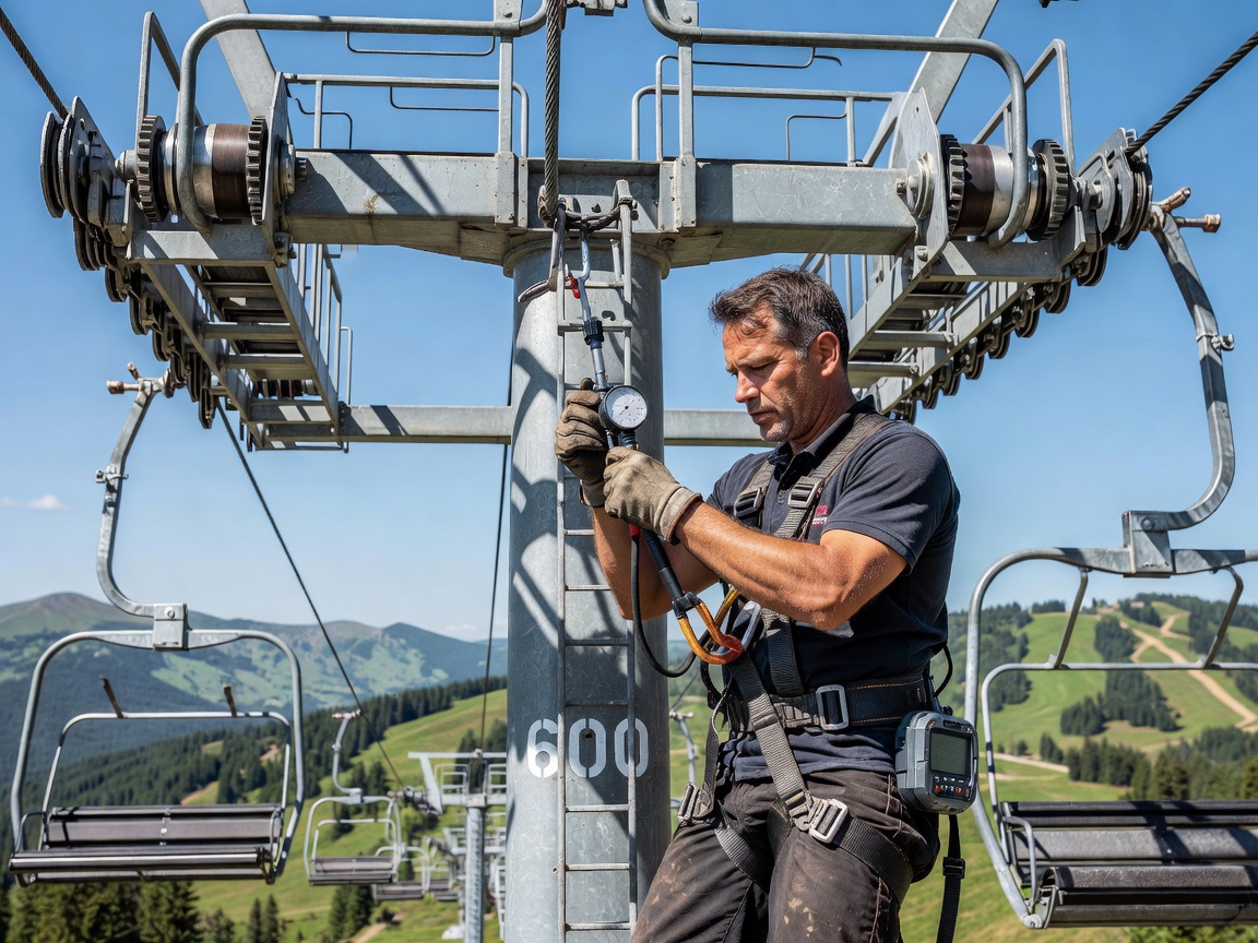 Resort ropeway technician harnessed to a chairlift tower roller battery checking bearing play
