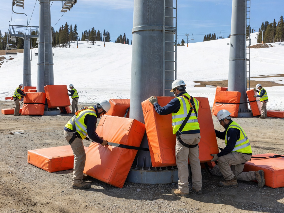 Resort safety crew securing heavy-duty orange impact pads around steel lift towers