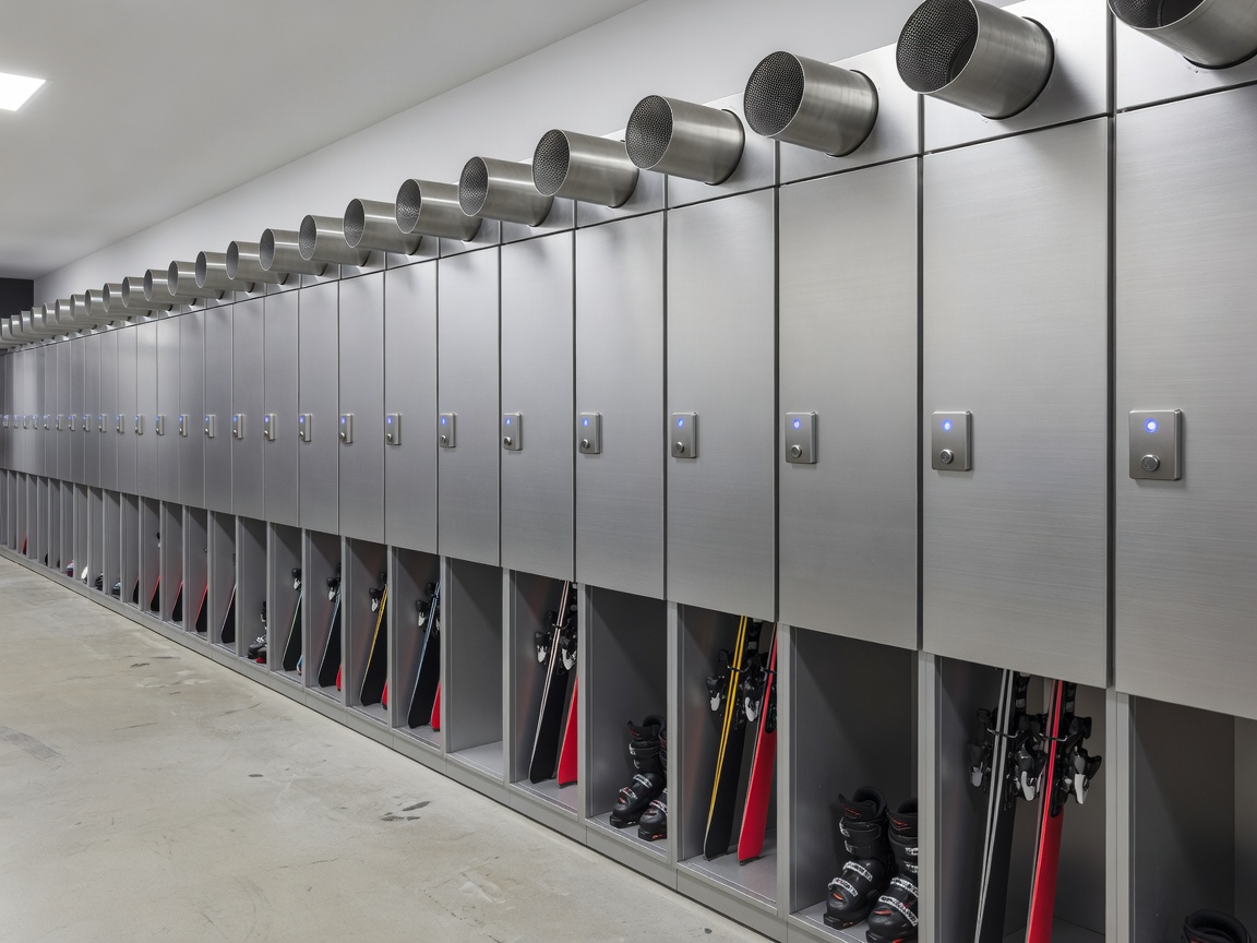 Row of secure electronic ski locker cabinets with ambient air drying ducts