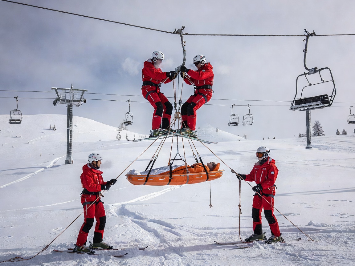 Ski patrol crew carrying out simulated ropeway passenger evacuation drill on chairlift wire