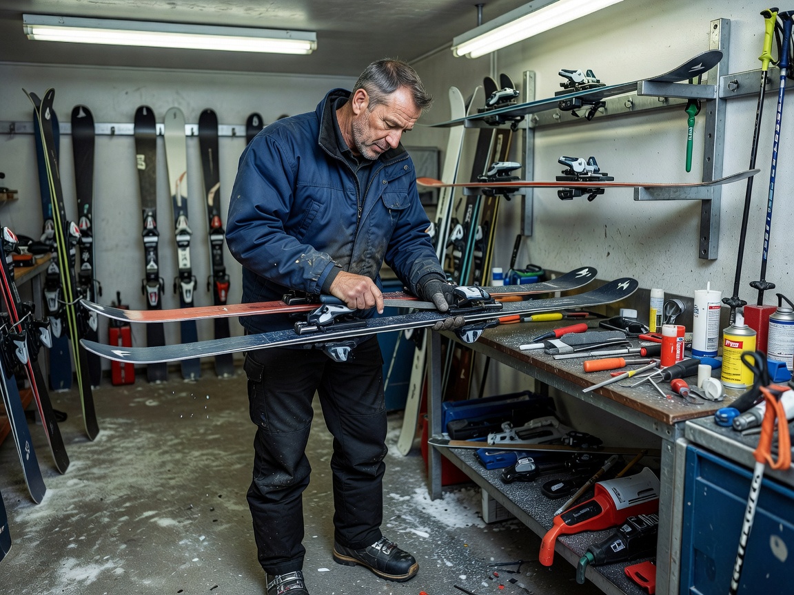 Ski resort technician inspecting and tuning alpine skis on a workshop rack