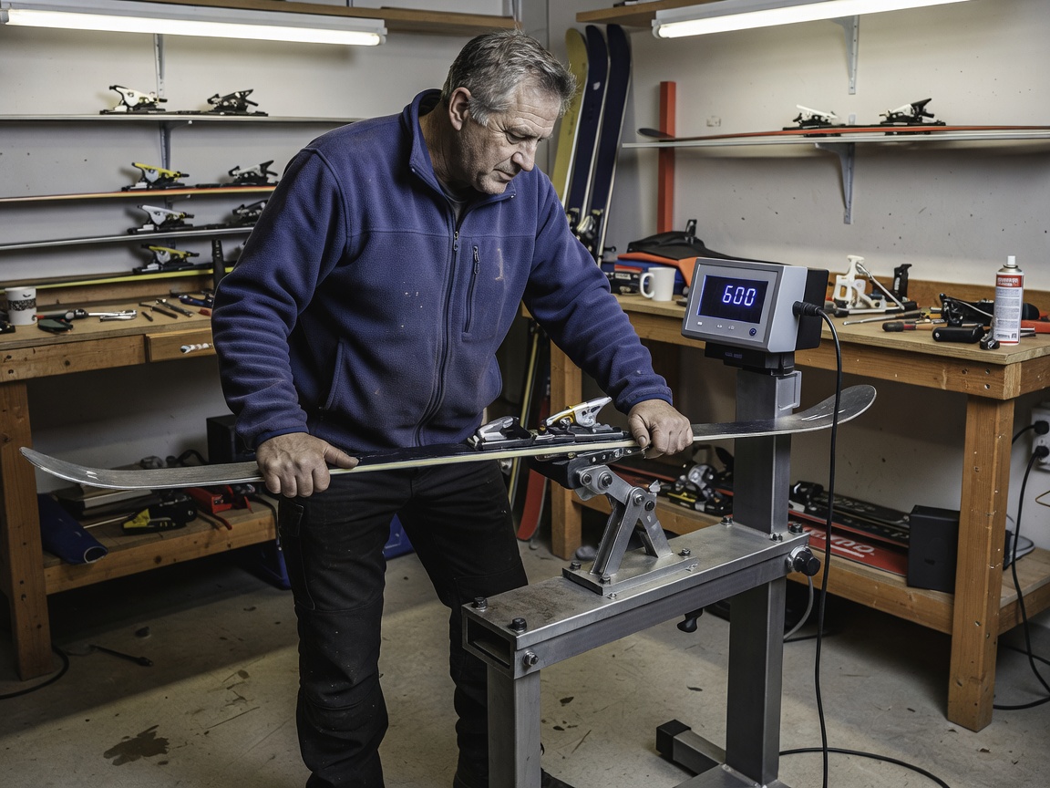 Ski workshop technician testing binding release values on an electronic test stand