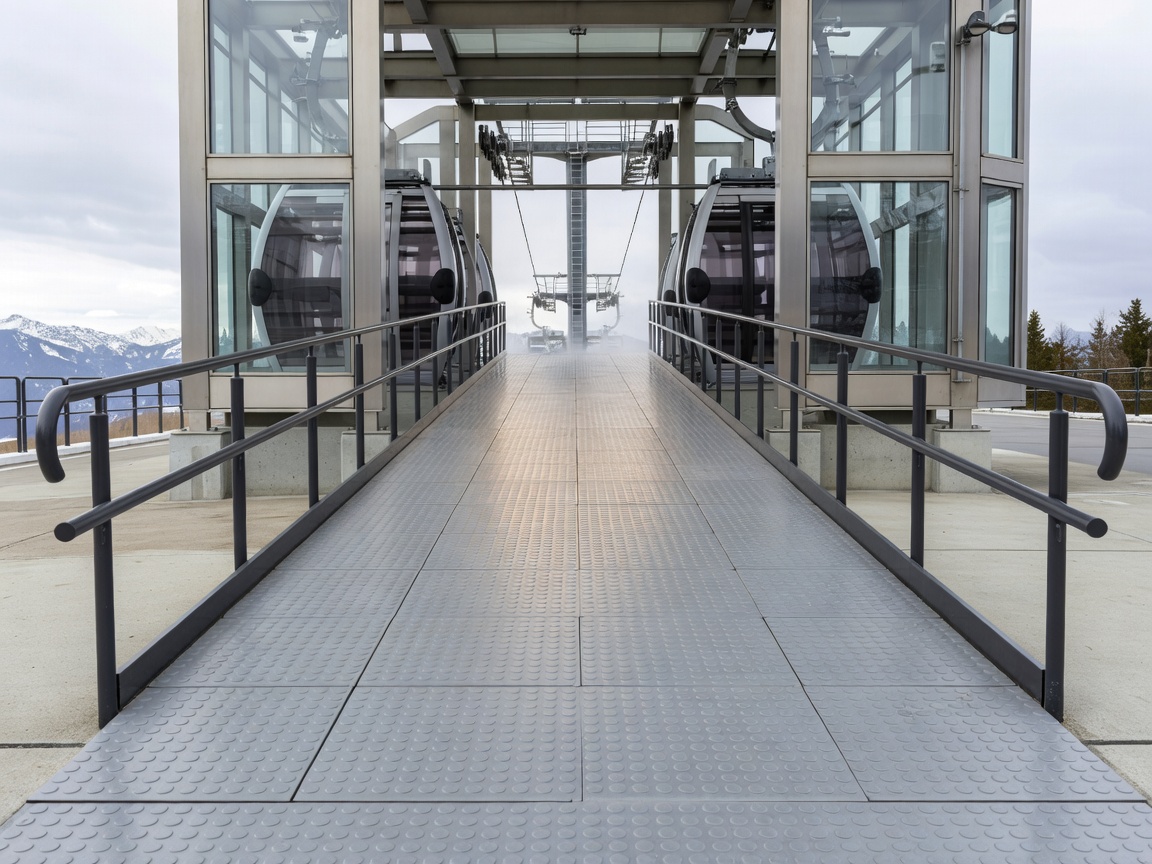 Step-free barrier-free entrance ramp to gondola base station with non-slip heated rubber mats